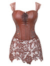 Grebrafan Steampunk Faux Leather Corset with Lace Dress Zipper Back Bustier - brown