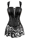 Grebrafan Steampunk Faux Leather Corset with Lace Dress Zipper Back Bustier - black