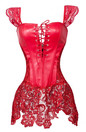 Grebrafan Steampunk Faux Leather Corset with Lace Dress Zipper Back Bustier - red