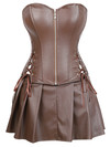 Grebrafan Women Leather Corset Dress Gothic Punk Zipper Bustier with Skirt - brown