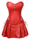 Grebrafan Women Leather Corset Dress Gothic Punk Zipper Bustier with Skirt - red