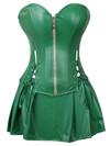 Grebrafan Women Leather Corset Dress Gothic Punk Zipper Bustier with Skirt - green