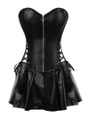 Grebrafan Women Leather Corset Dress Gothic Punk Zipper Bustier with Skirt - black