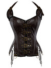 Grebrafan Steampunk Overbust Corset Faux Leather Bustier Clubwear Strap Women - brown