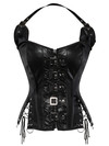 Grebrafan Steampunk Overbust Corset Faux Leather Bustier Clubwear Strap Women - black