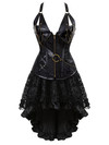 Grebrafan Steampunk Neckholder Faux Leather Corsets with Fluffy Pleated Layered Tutu Skirt - Black
