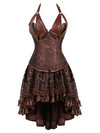 Grebrafan Steampunk Neckholder Faux Leather Corsets with Fluffy Pleated Layered Tutu Skirt - Brown