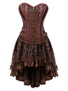 Grebrafan Steampunk Faux Leather Corsets with Fluffy Pleated Layered Tutu Skirt - Brown
