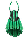 Grebrafan Cupless Shaper Corset Halter Striped Underbust with Fluffy Pleated Layered Tutu Skirt - Green