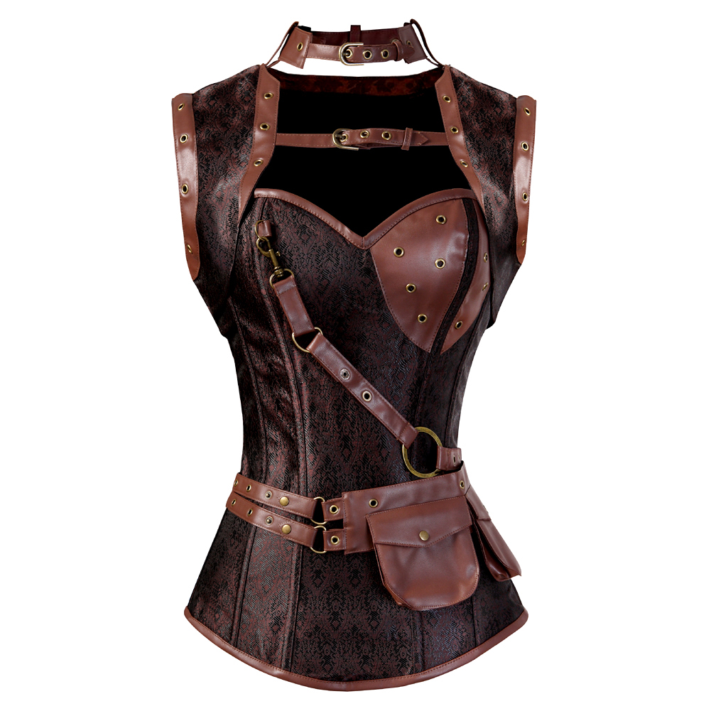 Grebrafan Steampunk Corset Brocade Pirate Boned Bustiers with Jacket and Belt