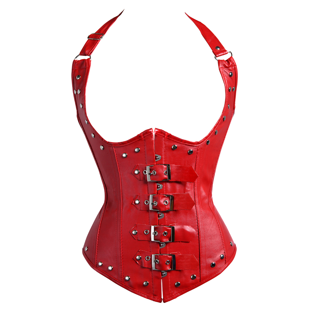 red-Grebrafan Steampunk Corsets Neck Halter Clubwear Underbust Faux Leather Steel Boned Bustier