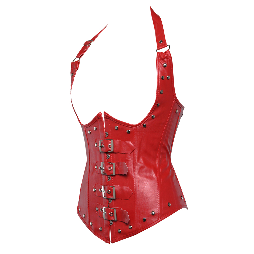 red-Grebrafan Steampunk Corsets Neck Halter Clubwear Underbust Faux Leather Steel Boned Bustier