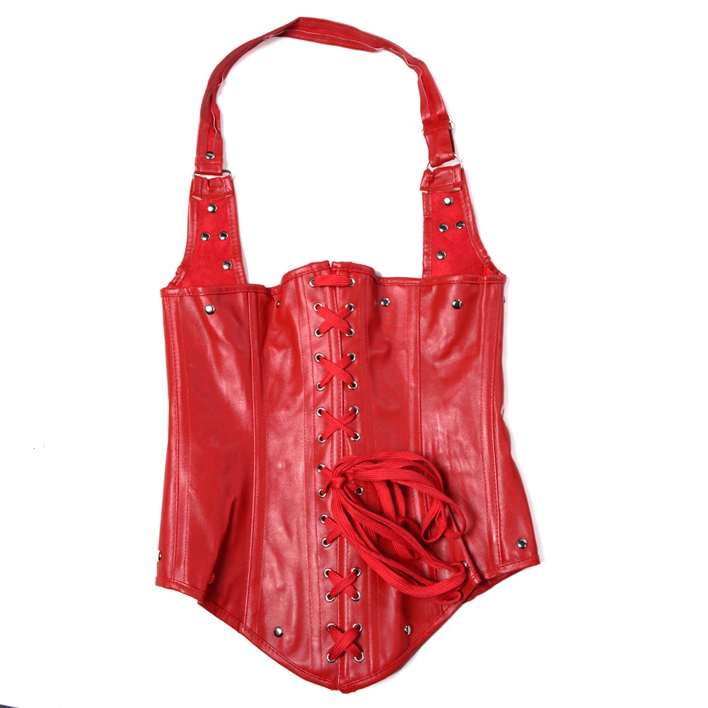 red-Grebrafan Steampunk Corsets Neck Halter Clubwear Underbust Faux Leather Steel Boned Bustier