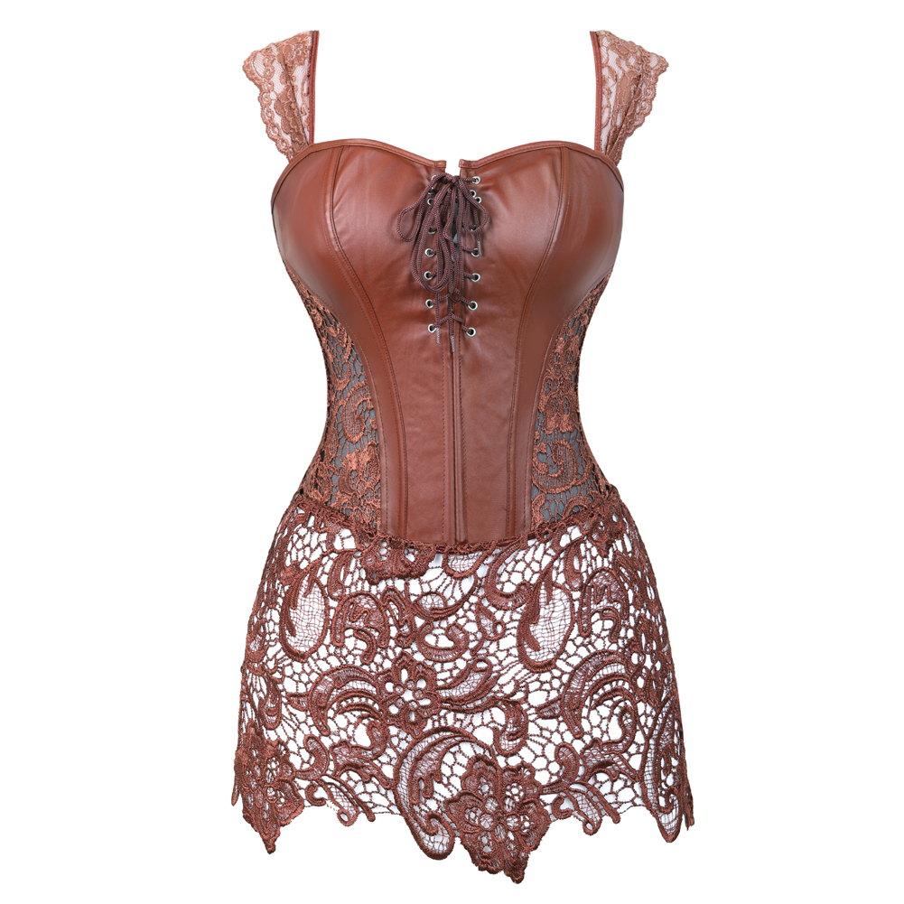 brown-Grebrafan Steampunk Faux Leather Corset with Lace Dress Zipper Back Bustier