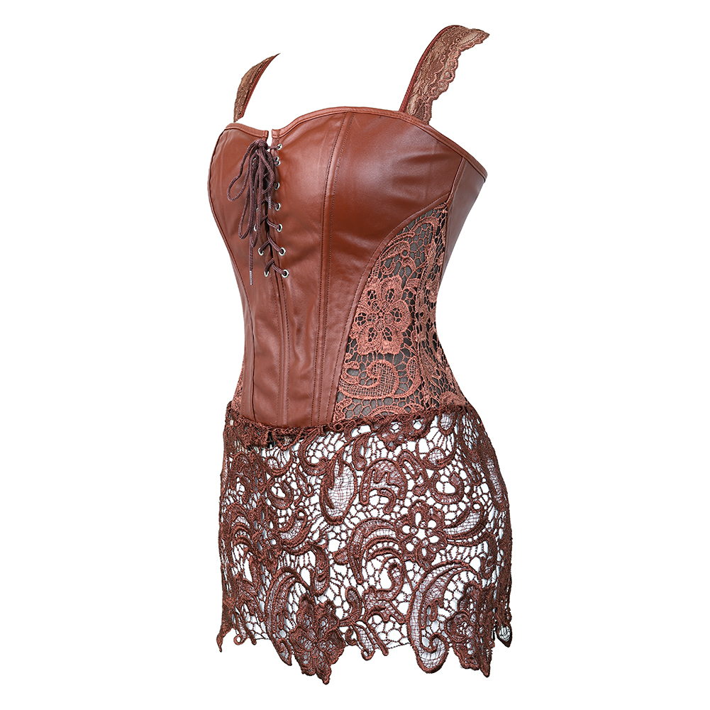 brown-Grebrafan Steampunk Faux Leather Corset with Lace Dress Zipper Back Bustier