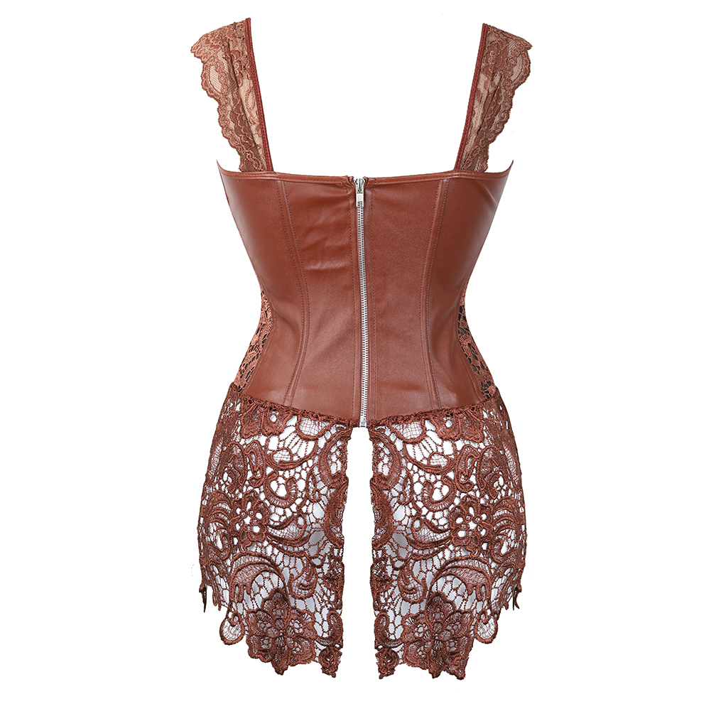 brown-Grebrafan Steampunk Faux Leather Corset with Lace Dress Zipper Back Bustier