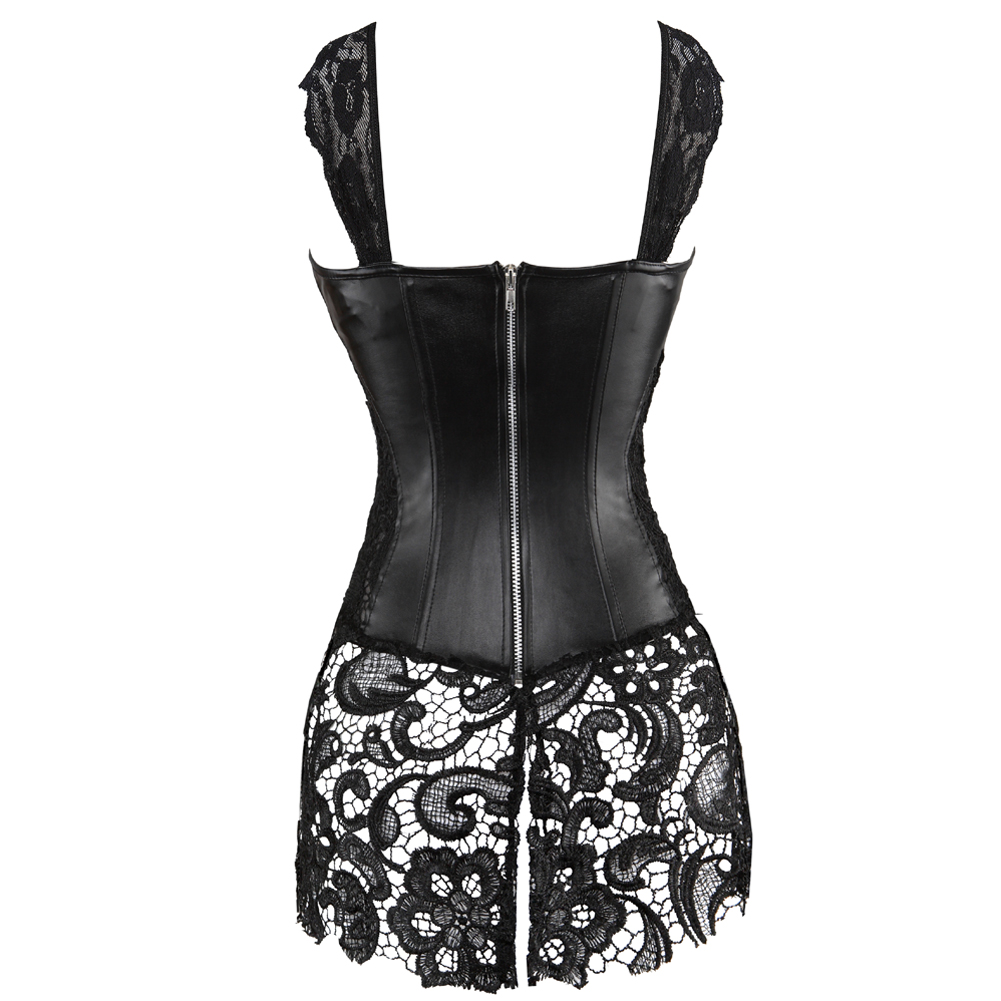 black-Grebrafan Steampunk Faux Leather Corset with Lace Dress Zipper Back Bustier