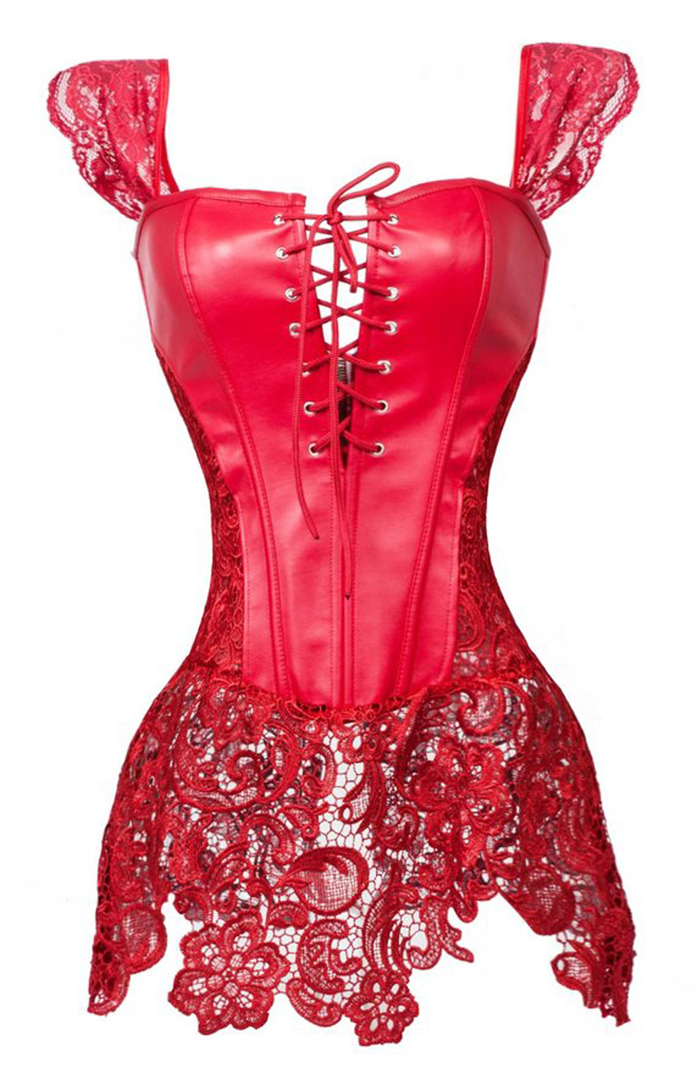 red-Grebrafan Steampunk Faux Leather Corset with Lace Dress Zipper Back Bustier