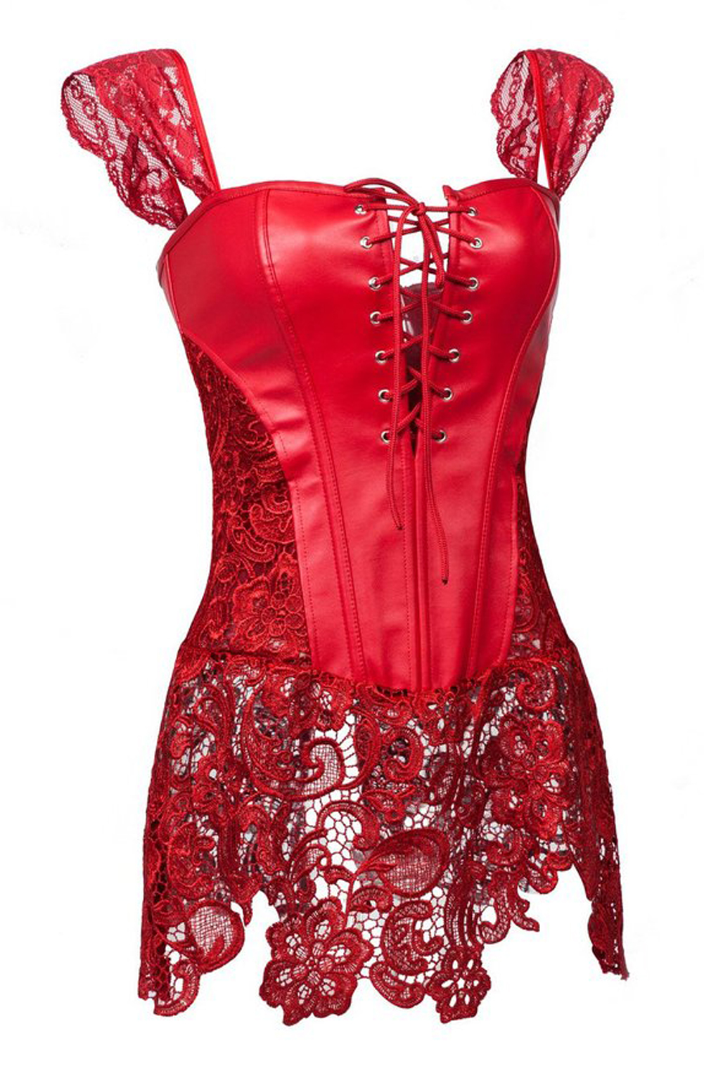 red-Grebrafan Steampunk Faux Leather Corset with Lace Dress Zipper Back Bustier