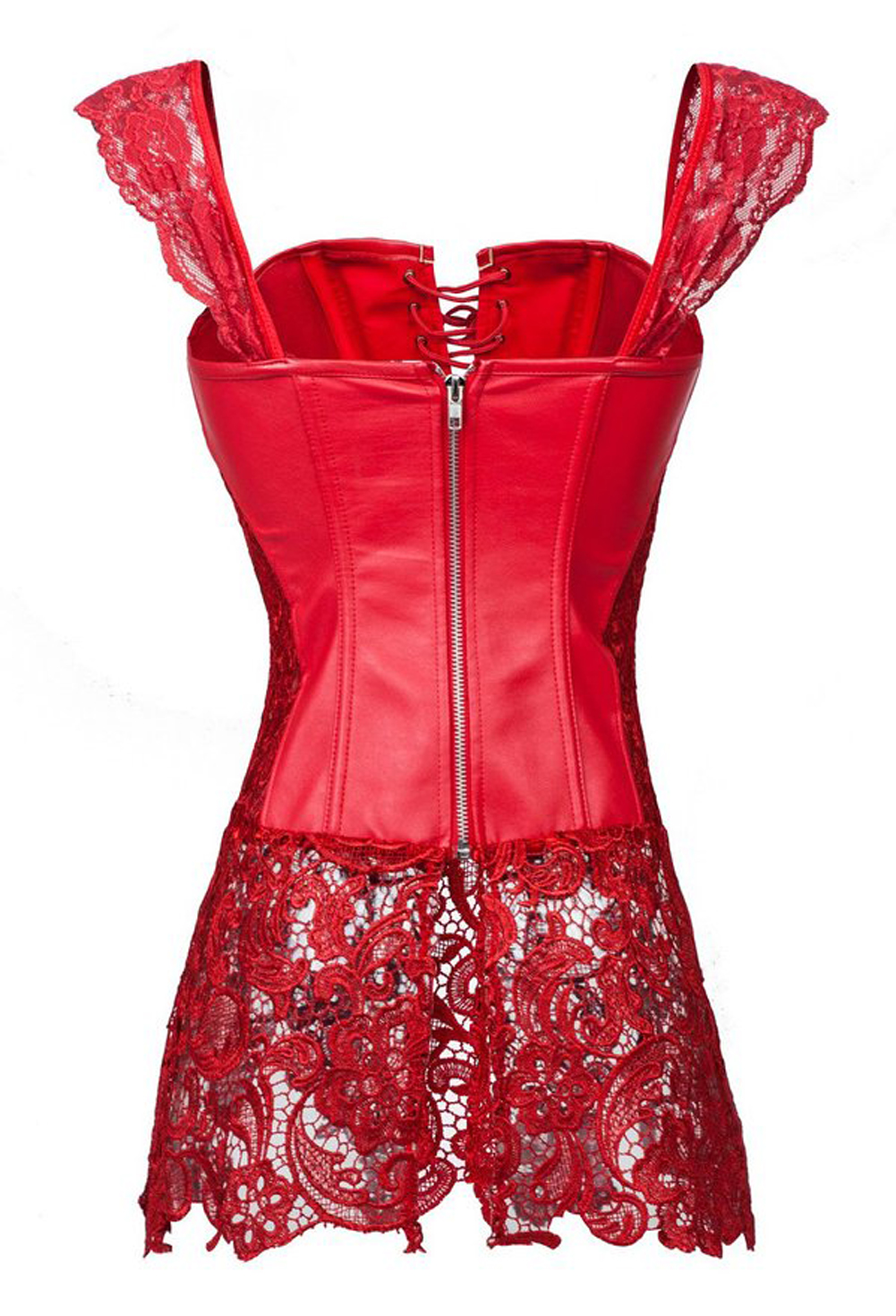 red-Grebrafan Steampunk Faux Leather Corset with Lace Dress Zipper Back Bustier