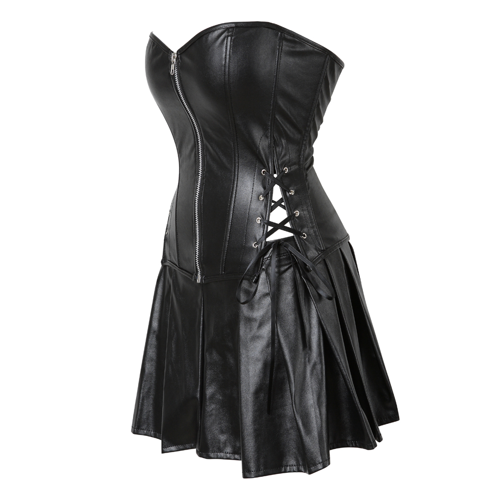 black-Grebrafan Women Leather Corset Dress Gothic Punk Zipper Bustier with Skirt