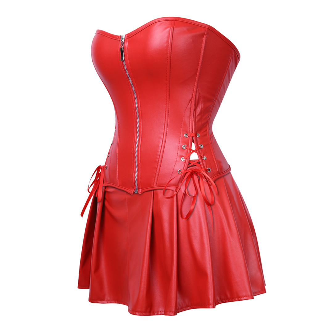 red-Grebrafan Women Leather Corset Dress Gothic Punk Zipper Bustier with Skirt