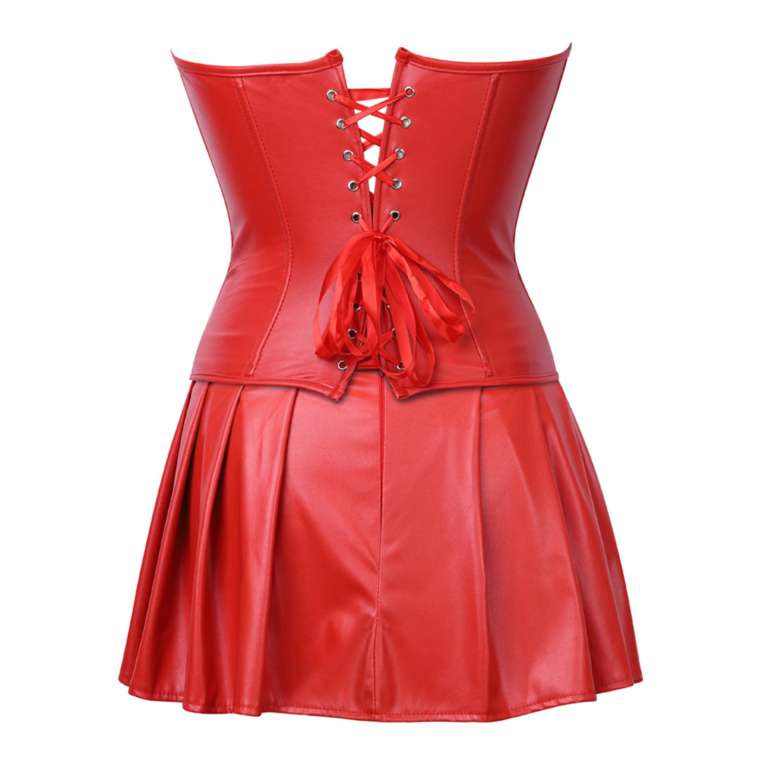 red-Grebrafan Women Leather Corset Dress Gothic Punk Zipper Bustier with Skirt