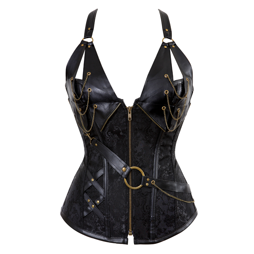 Black-Grebrafan Steampunk Corset for Women Plus Size Faux Leather Bustier