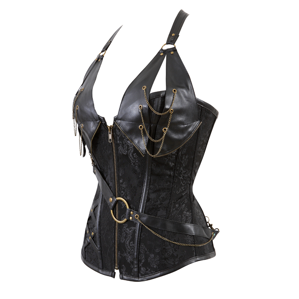 Black-Grebrafan Steampunk Corset for Women Plus Size Faux Leather Bustier