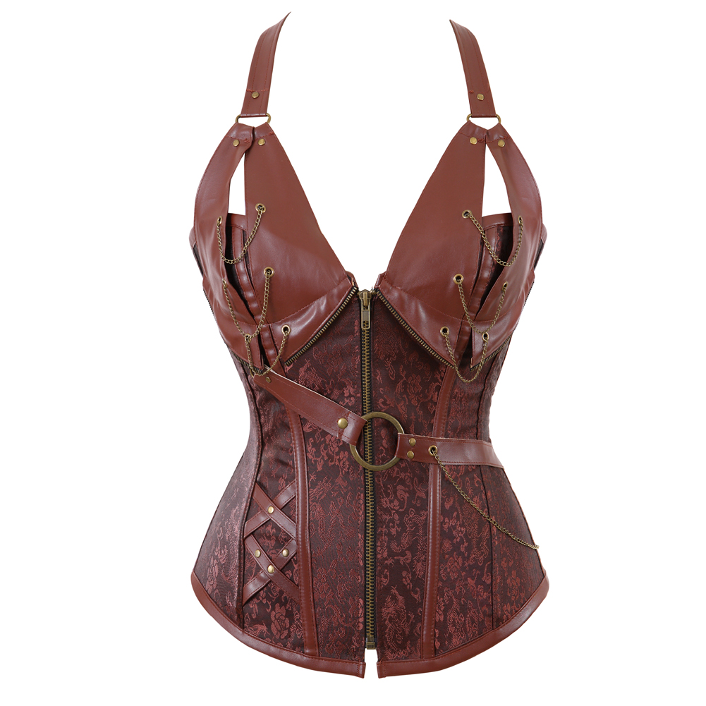 Brown-Grebrafan Steampunk Corset for Women Plus Size Faux Leather Bustier