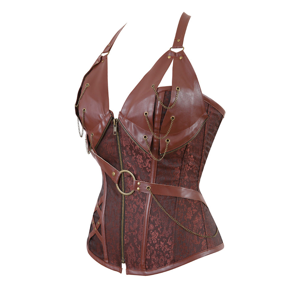 Brown-Grebrafan Steampunk Corset for Women Plus Size Faux Leather Bustier