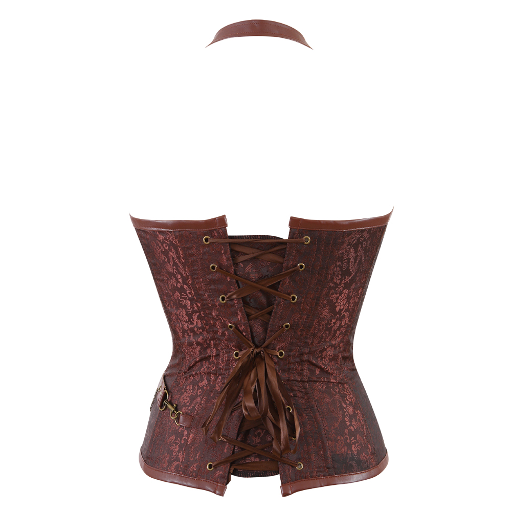 Brown-Grebrafan Steampunk Corset for Women Plus Size Faux Leather Bustier