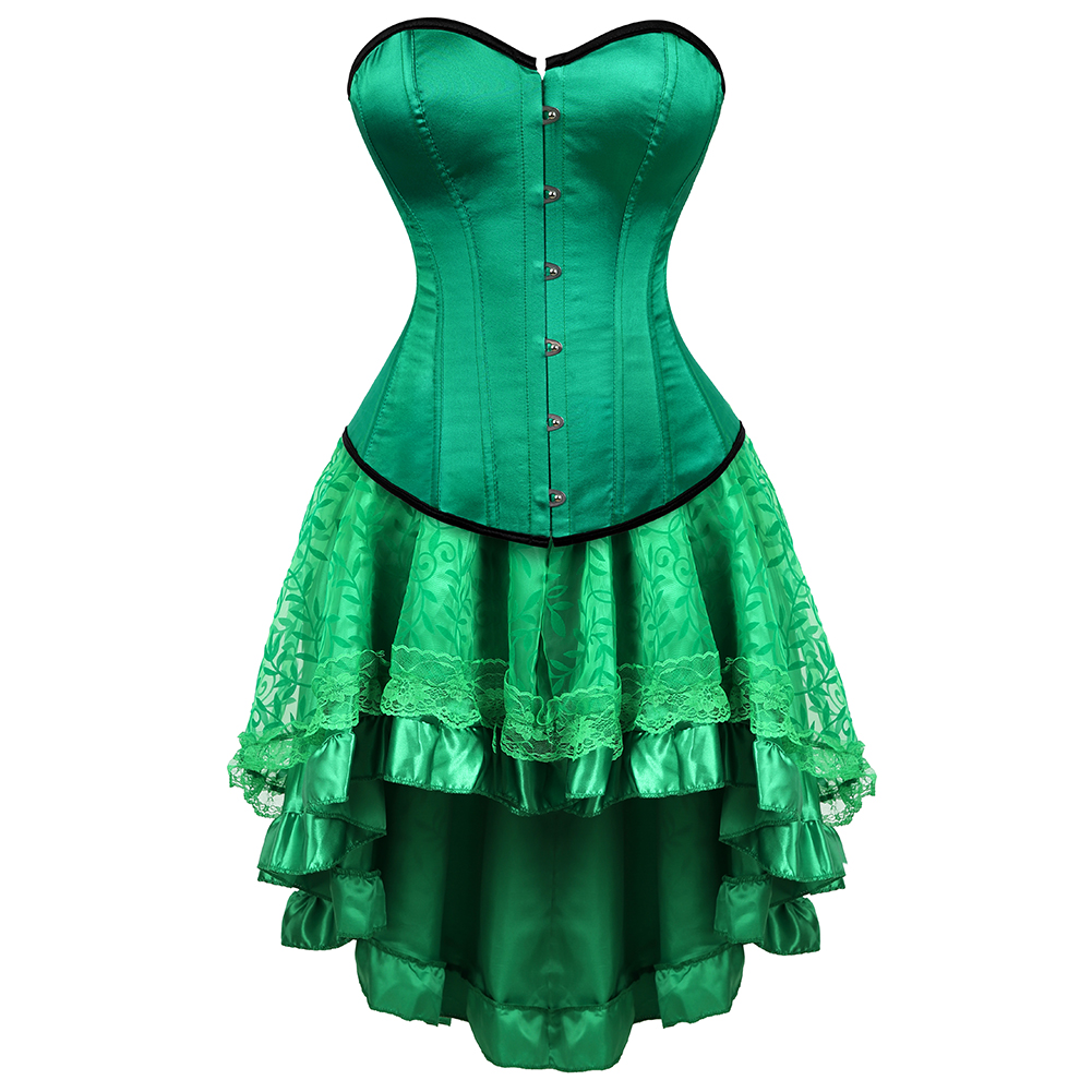 Green-Corset Dress Steampunk Plus Size Korsage Sexy Satin Bustier with Tutu Skirt Pirate Carnival Christmas Dance Party Clubwear