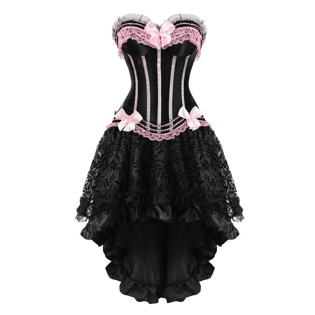 Pink-Corset Dress for Women Steampunk Gothic Striped Corselet Plus Size Push Up Bustier with Tutu Skirt Carnival Party Clubwear