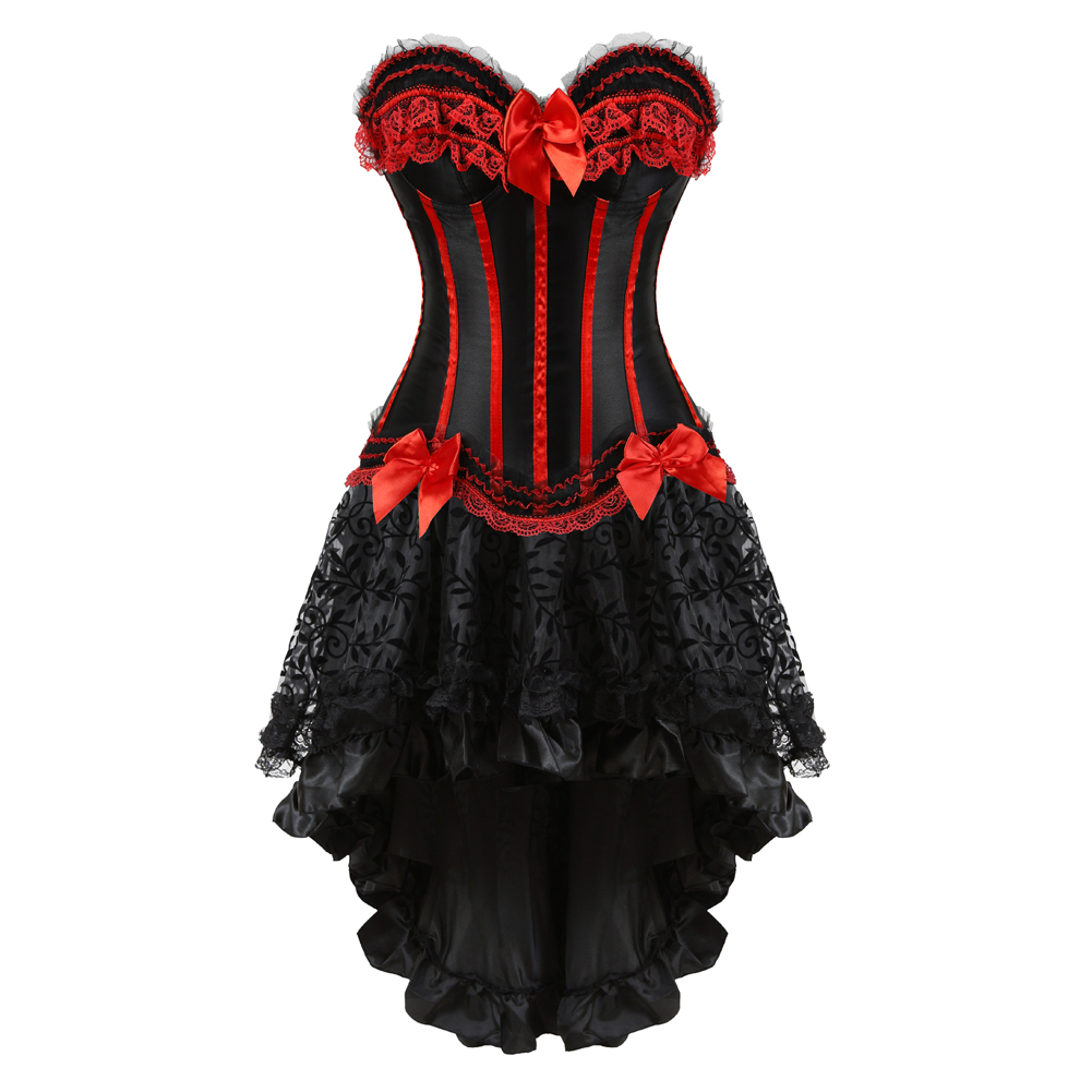 Red-Corset Dress for Women Steampunk Gothic Striped Corselet Plus Size Push Up Bustier with Tutu Skirt Carnival Party Clubwear