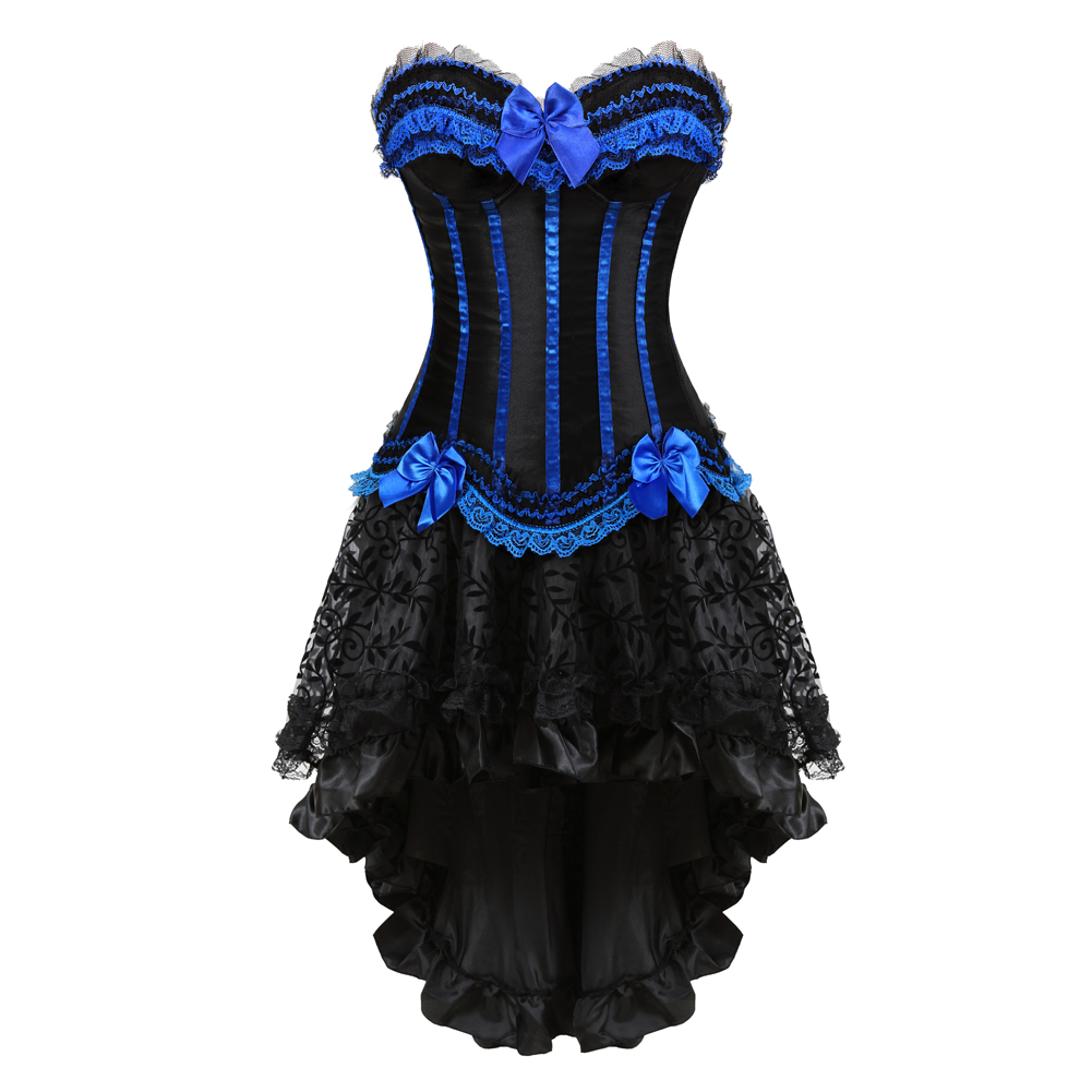 Blue-Corset Dress for Women Steampunk Gothic Striped Corselet Plus Size Push Up Bustier with Tutu Skirt Carnival Party Clubwear