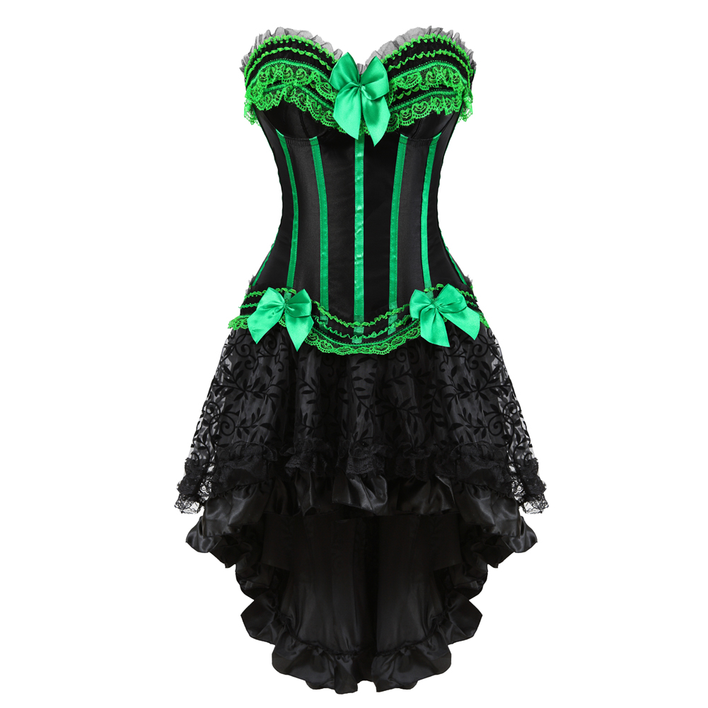 Green-Corset Dress for Women Steampunk Gothic Striped Corselet Plus Size Push Up Bustier with Tutu Skirt Carnival Party Clubwear