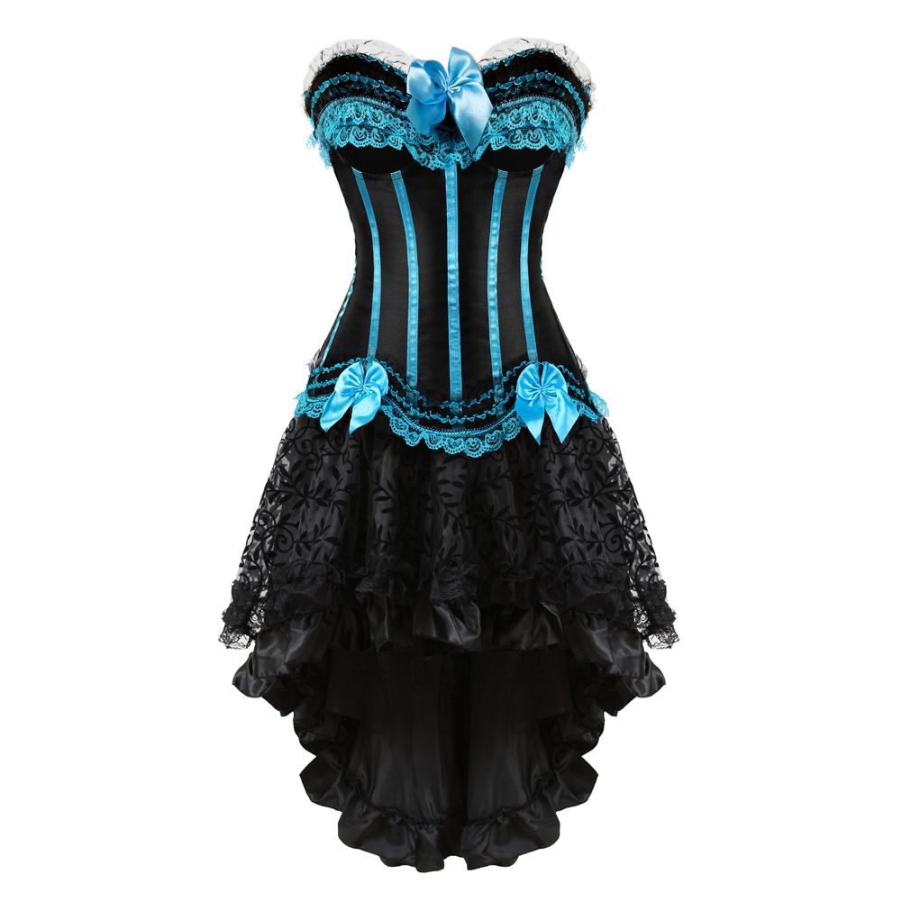 Sky blue-Corset Dress for Women Steampunk Gothic Striped Corselet Plus Size Push Up Bustier with Tutu Skirt Carnival Party Clubwear