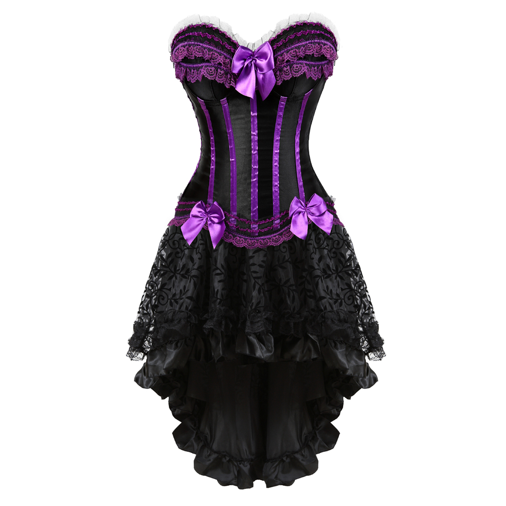 Purple-Corset Dress for Women Steampunk Gothic Striped Corselet Plus Size Push Up Bustier with Tutu Skirt Carnival Party Clubwear