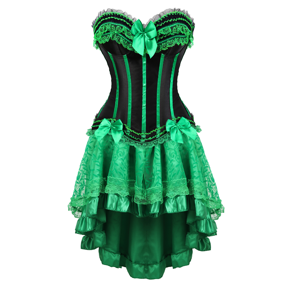 Green set-Corset Dress for Women Steampunk Gothic Striped Corselet Plus Size Push Up Bustier with Tutu Skirt Carnival Party Clubwear