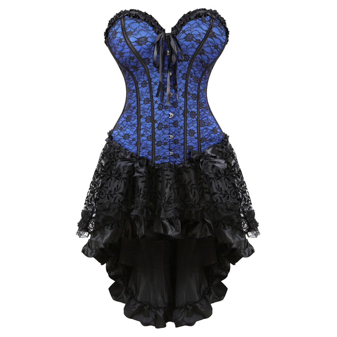 Blue-Corset and Skirt Steampunk Gothic Slimming Lace Overlay Bustier Dress Lace Up Boned Korsage Sexy Femme Carnival Party Clubwear