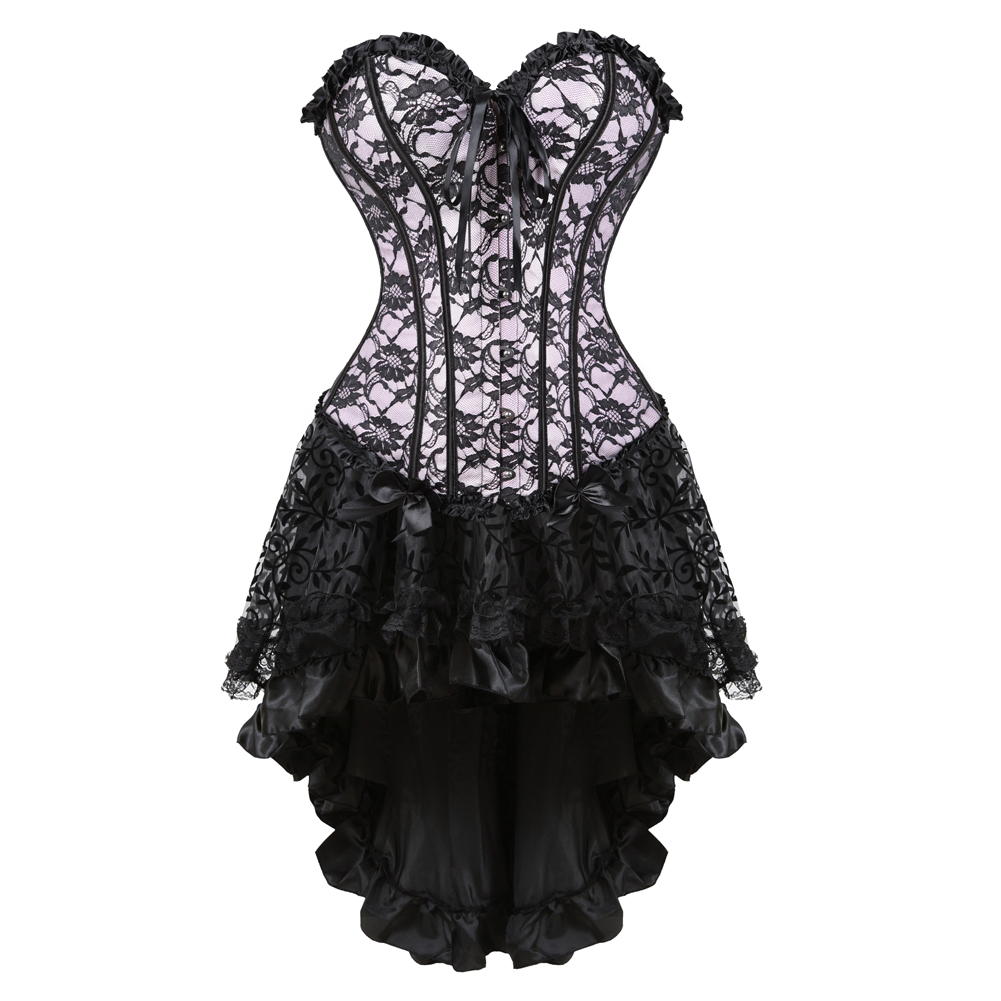Pink-Corset and Skirt Steampunk Gothic Slimming Lace Overlay Bustier Dress Lace Up Boned Korsage Sexy Femme Carnival Party Clubwear