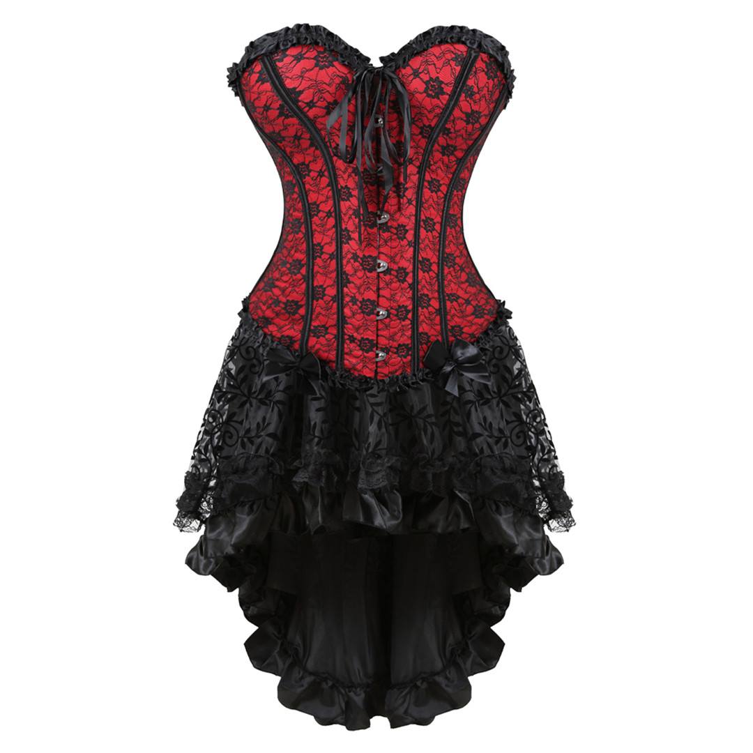 Red-Corset and Skirt Steampunk Gothic Slimming Lace Overlay Bustier Dress Lace Up Boned Korsage Sexy Femme Carnival Party Clubwear