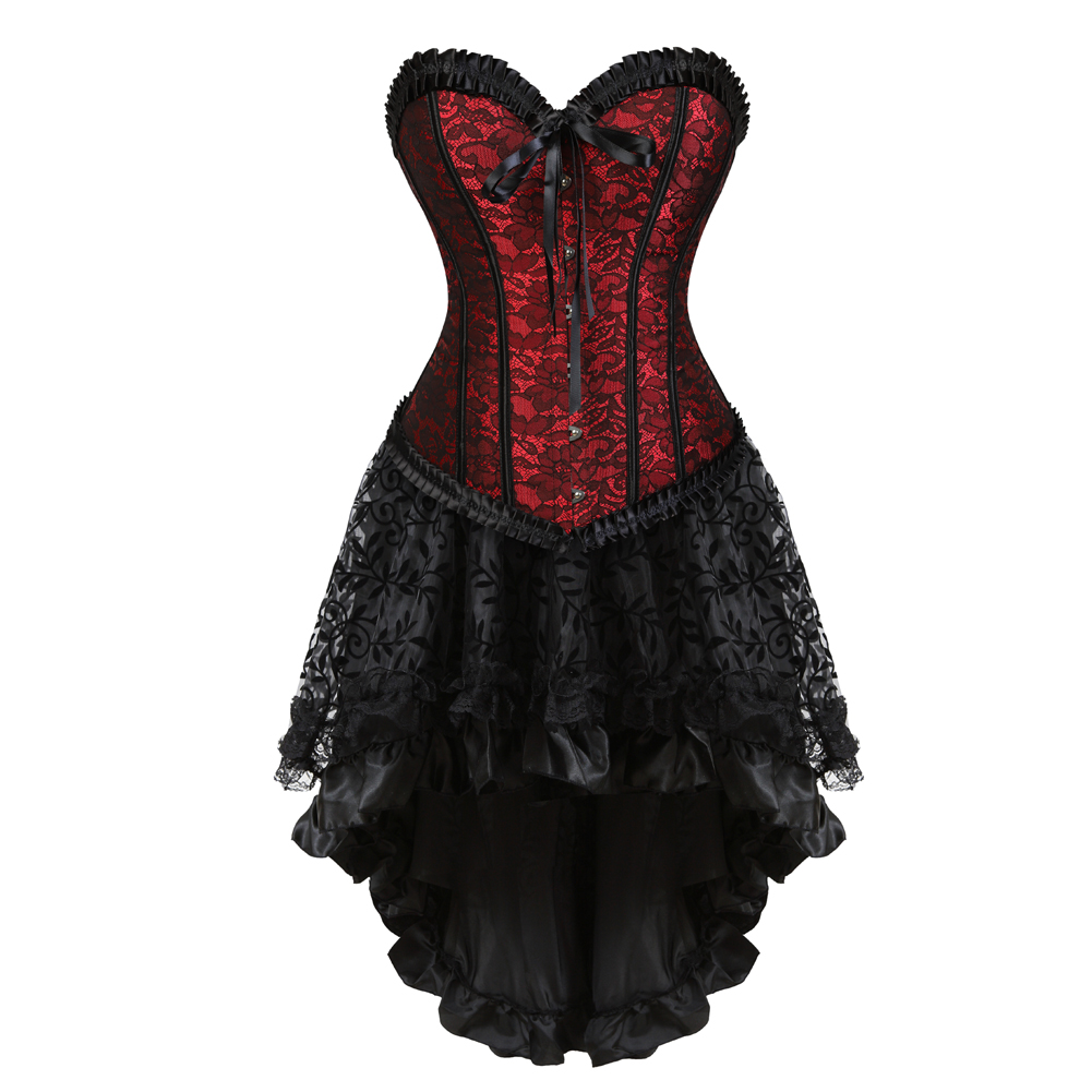 Red-Corsets Dresss for Women Steampunk Plus Size Korsage Sexy Renaissance Boned Bustier Bodyshaper with Tutu Skirt Party Clubwear