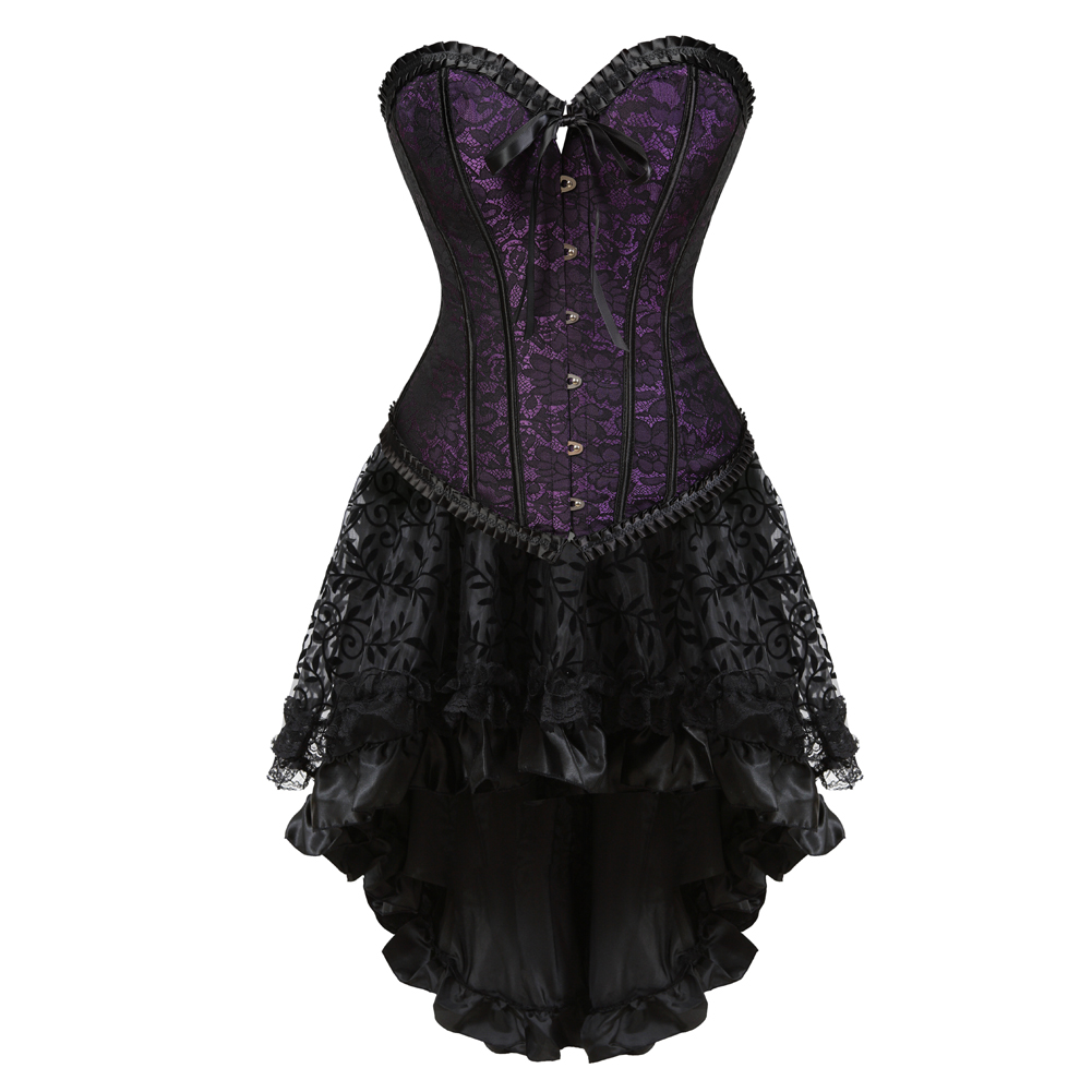 Purple-Corsets Dresss for Women Steampunk Plus Size Korsage Sexy Renaissance Boned Bustier Bodyshaper with Tutu Skirt Party Clubwear