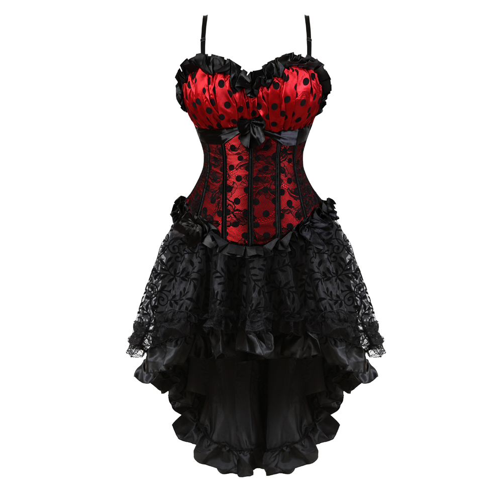 Red-Corsets Dresss for Women Steampunk Gothic Padded Korsage Sexy Strap Polka DOTS Bustier with Tutu Skirt Party Clubwear Plus Size