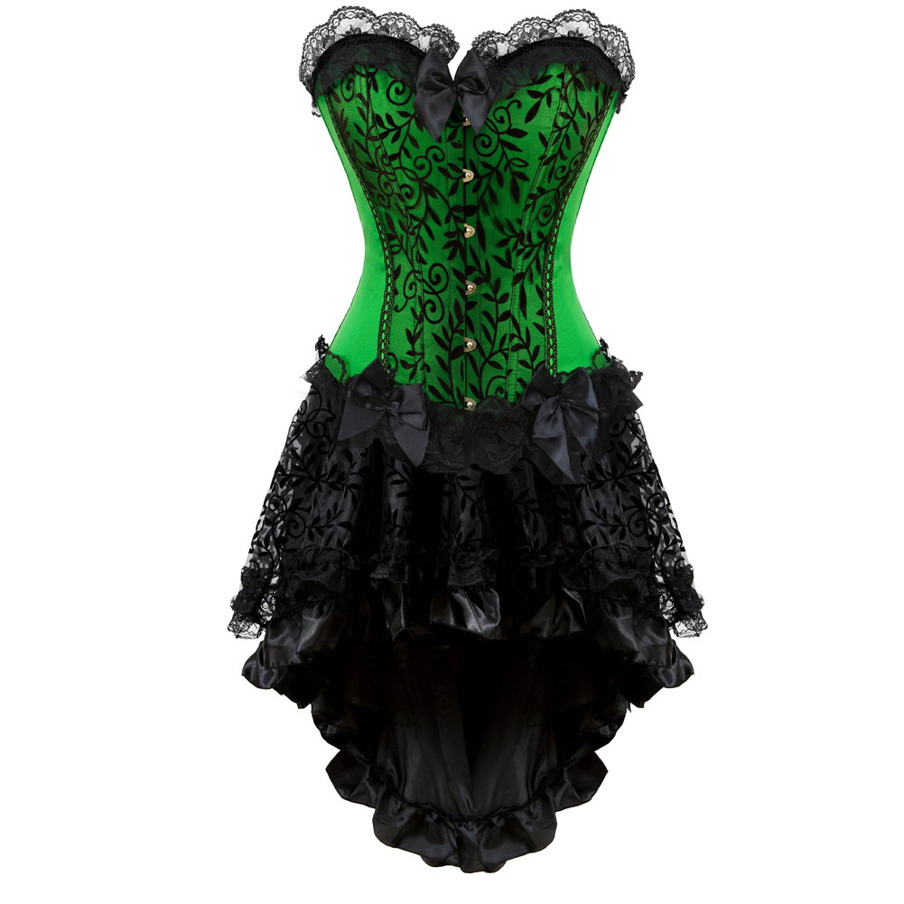 Green-Corset Skirt for Women Steampunk Classic Corsetto Mujer Lace Overlay Princess Overbust Bustier Dress Cowgirl Party Clubwear
