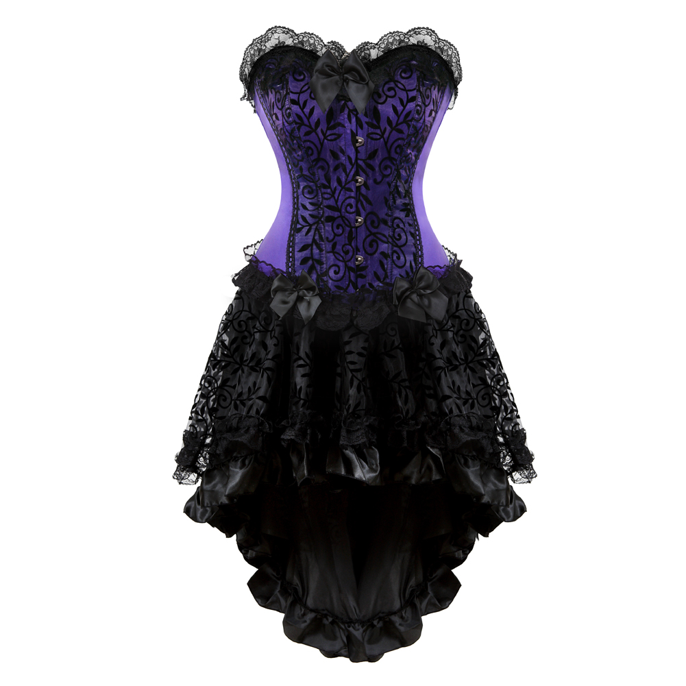 Purple-Corset Skirt for Women Steampunk Classic Corsetto Mujer Lace Overlay Princess Overbust Bustier Dress Cowgirl Party Clubwear