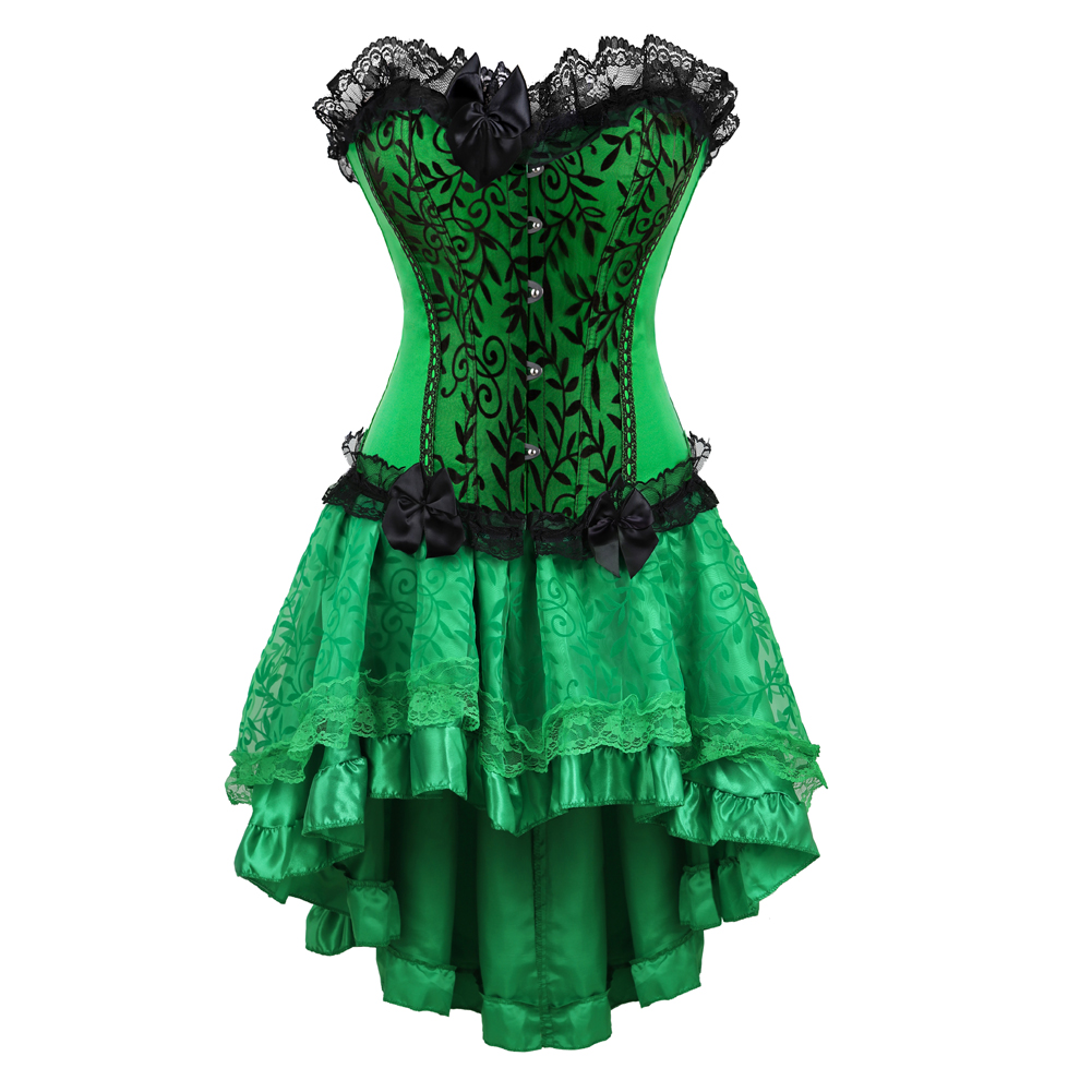Green Green-Corset Skirt for Women Steampunk Classic Corsetto Mujer Lace Overlay Princess Overbust Bustier Dress Cowgirl Party Clubwear