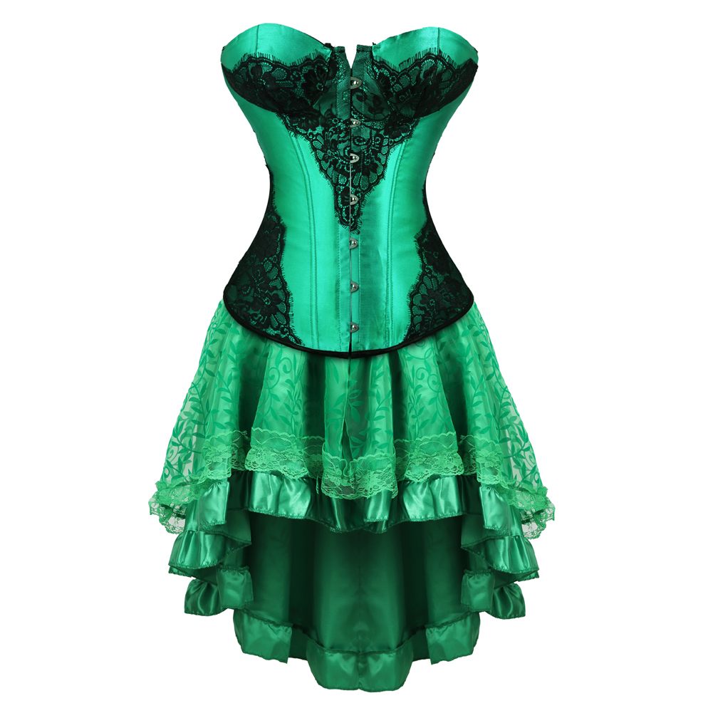 Green-Corset Dress Steampunk Renaissance Casual Bustier with Tutu Skirt Embroidery Boned Korsage Sexy Wedding Party Clubwear for Women